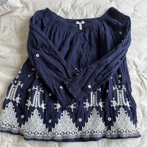 Joie Navy Off-the-Shoulder Embroidered Peasant Top